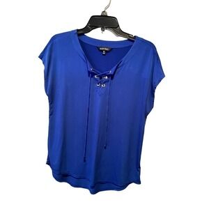 Ellen Tracy Blouse Top Women's M Blue Short Sleeve Drawstring Crewneck Polyester